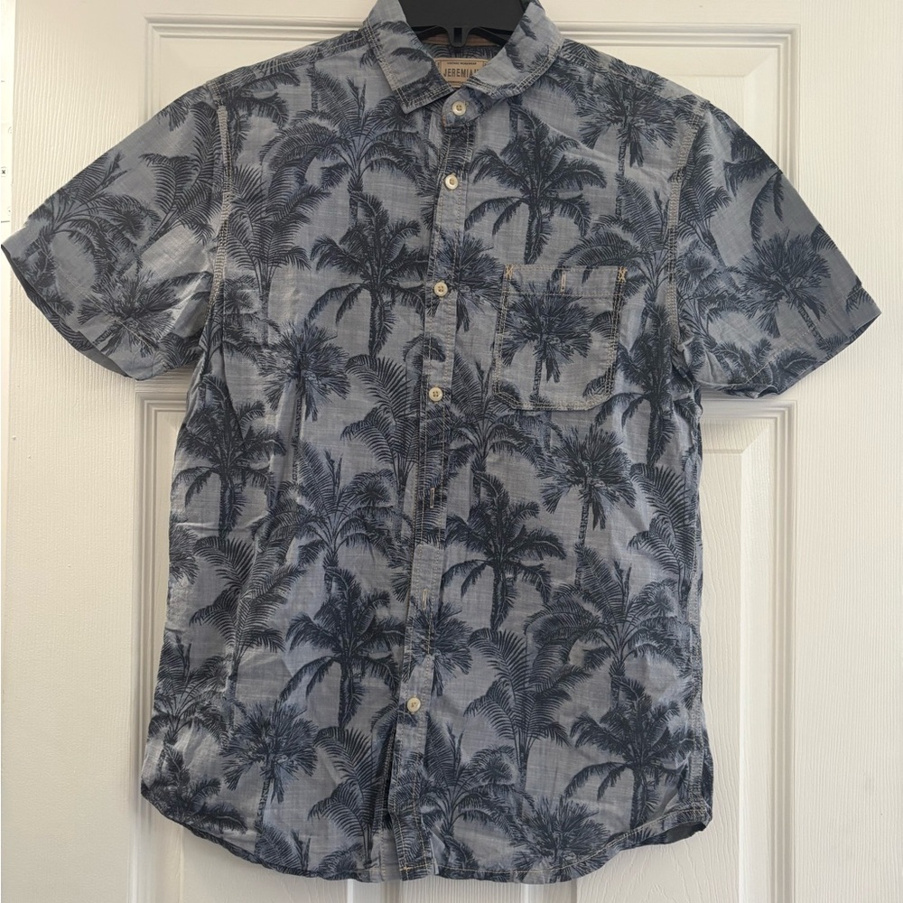 Men's Short-Sleeve Palm-Print Button-Down Shirt - Blue